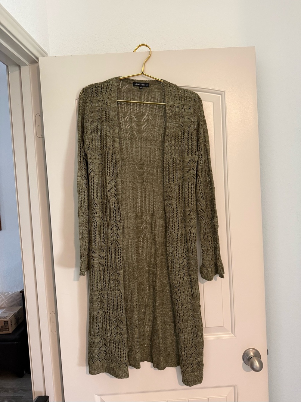 LOFT Open-Knit Long Cardigan — Olive